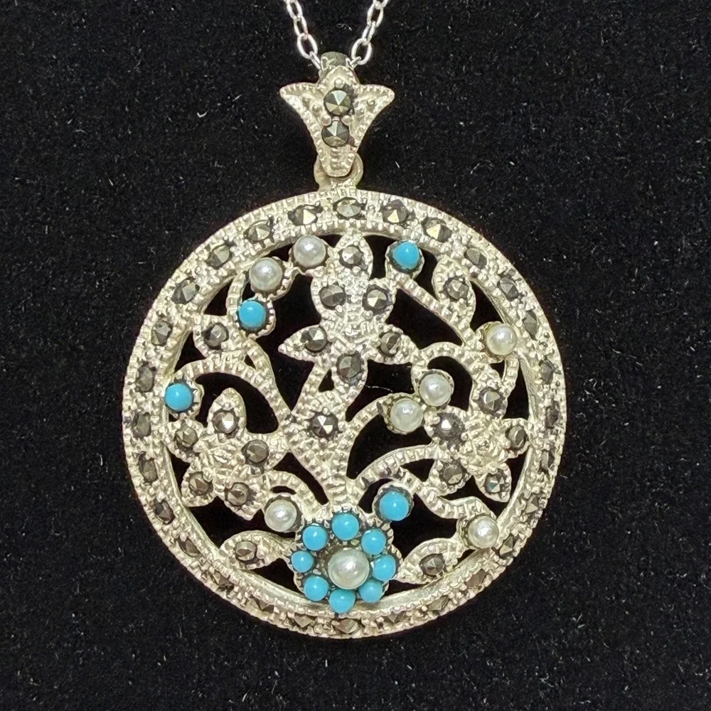 Sterling Silver Marcasite Turquoise Pearl‎ Floral Medallion Pendant Necklace